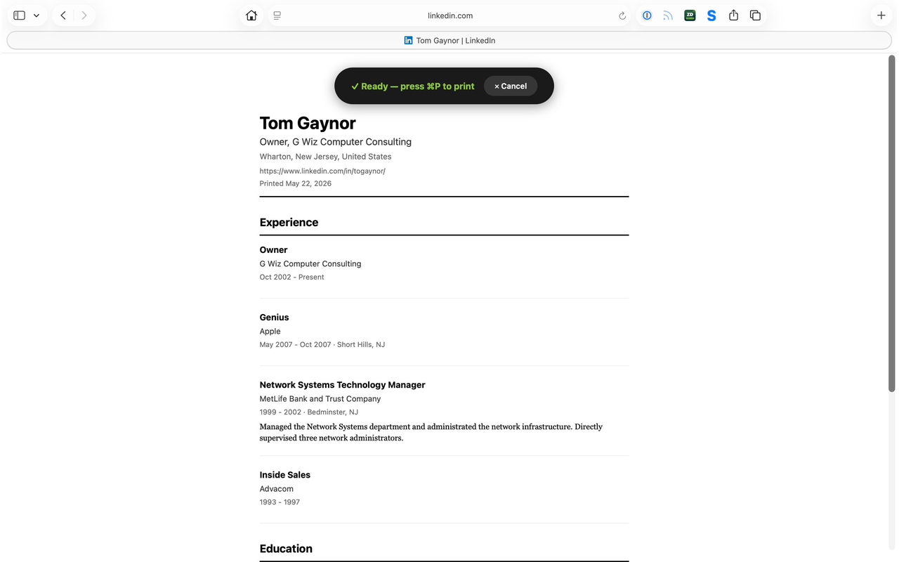 The LinkedIn profile cleaned into a résumé-style document
